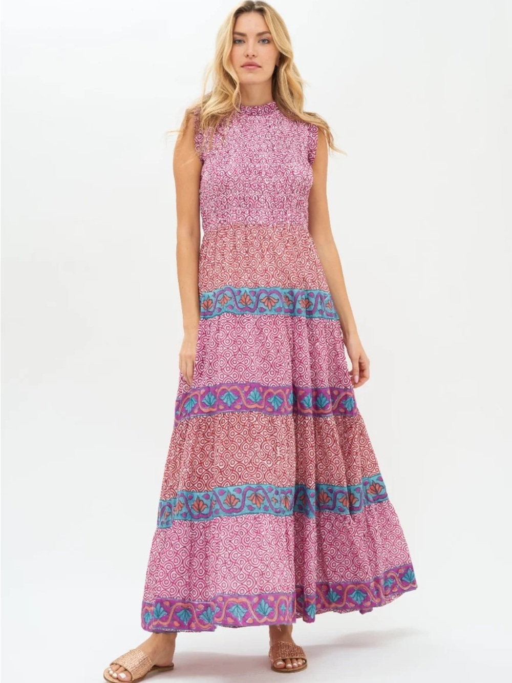 Oliphant Floral Tiered Maxi Dress in Magenta and Teal